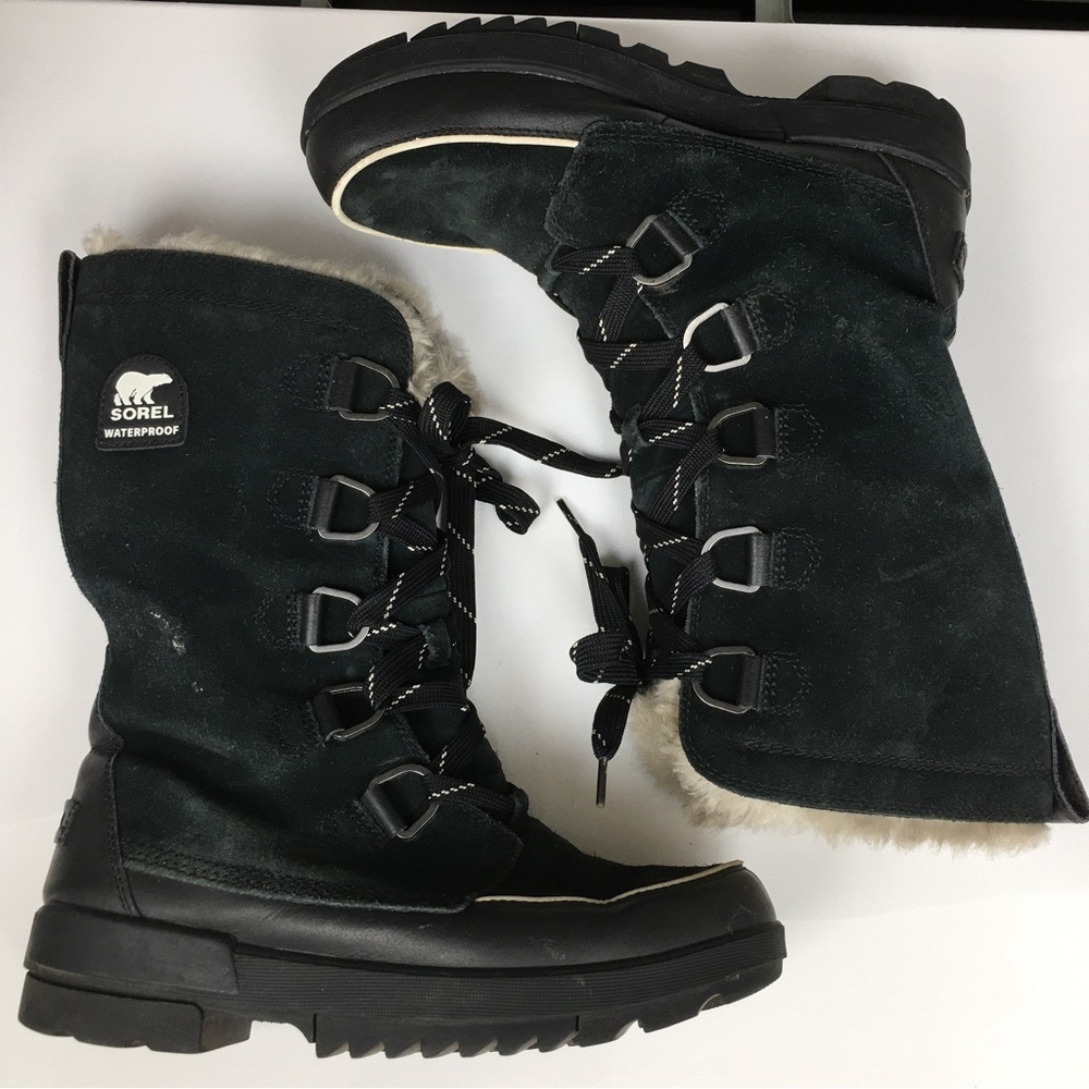 Sorel Tivoli Tall Waterproof Out Dry Boots Black Suede Faux Fur Lining Size 10.5 - Picture 15 of 16